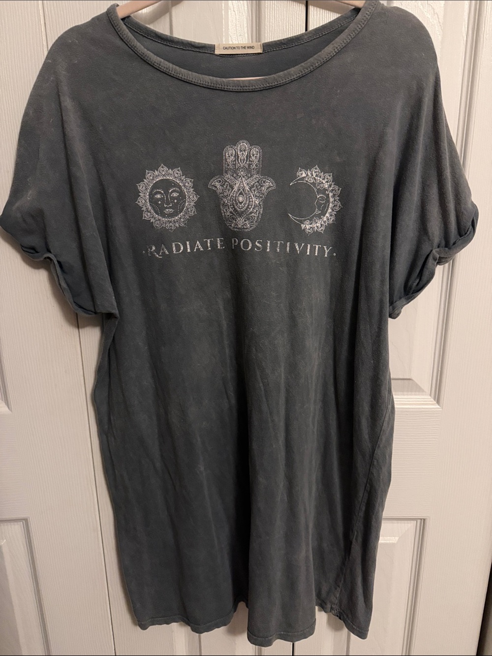 Caution To The Wind Charcoal Graphic Tee with Celestial Motifs
